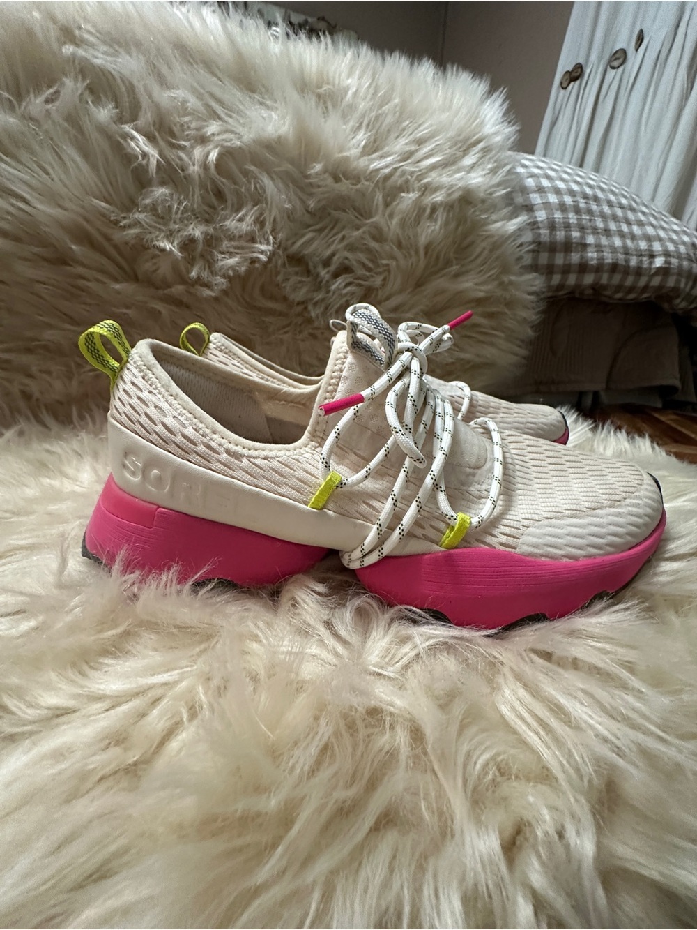 Sorel Beige Athletic Sneakers with Hot Pink Soles and Neon Yellow Accents